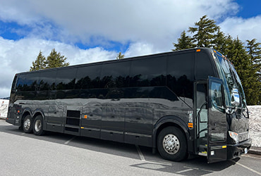 A black charter bus parked on the side of a mountain road